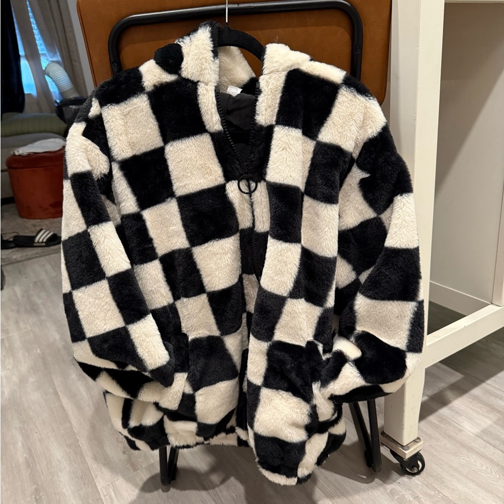 H&M Black and White Checkered Teddy Jacket